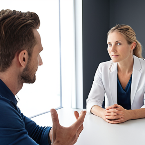 **

A wellness coach empathetically listening to a client in a bright, modern office. The coach maintains eye contact and a comforting expression, while the client appears relaxed and open. Visual cues of trust and understanding are emphasized.

**