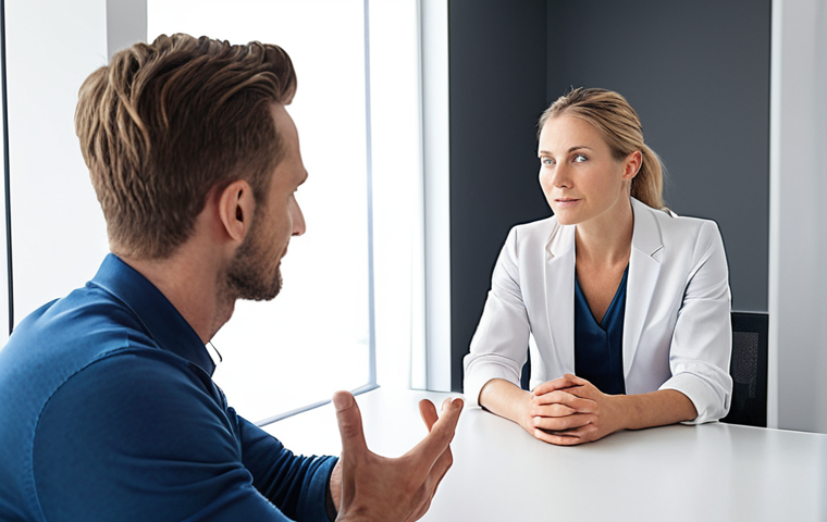 **
A wellness coach empathetically listening to a client in a bright, modern office. The coach maintains eye contact and a comforting expression, while the client appears relaxed and open. Visual cues of trust and understanding are emphasized.
**