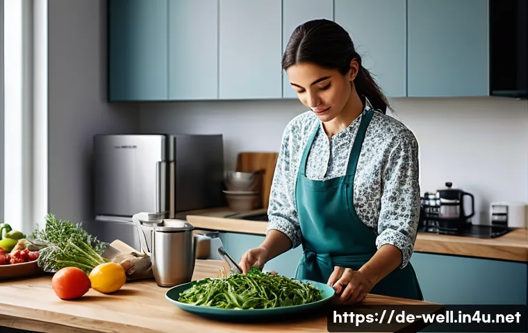 웰빙코디네이터와 고객 프로파일 작성 - **Morning Moment:** The person in their kitchen, dressed in modest, comfortable clothes, quickly and...