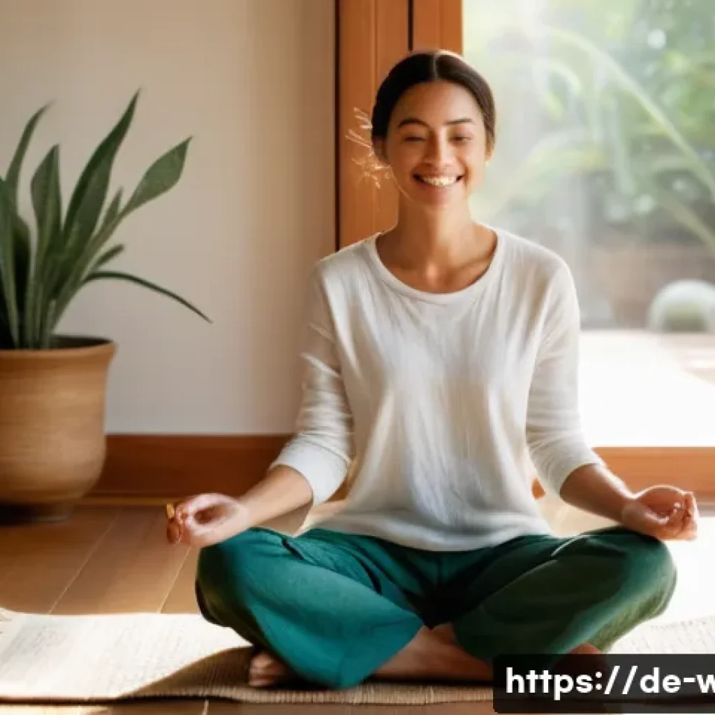 웰빙코디네이터와 건강 목표 달성 기술 - **Prompt:** A serene 30-40 year old woman, with a gentle smile, sitting cross-legged on a natural fi...