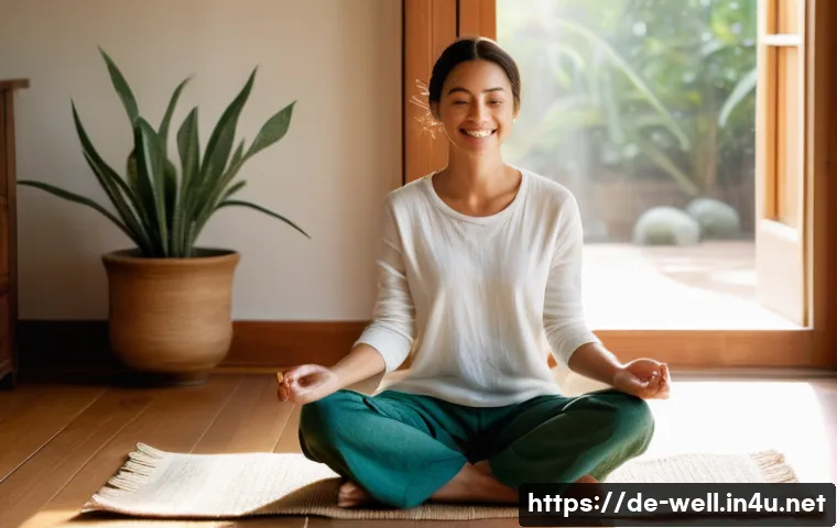 웰빙코디네이터와 건강 목표 달성 기술 - **Prompt:** A serene 30-40 year old woman, with a gentle smile, sitting cross-legged on a natural fi...