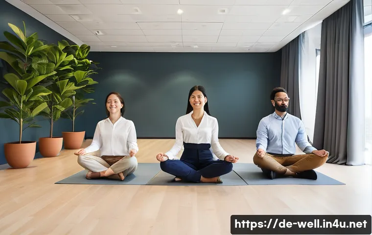 웰빙코디네이터와 협업 도구 사용법 - **Prompt: "Wellbeing in the Workplace: A Guided Meditation Session"**
A diverse group of five to...