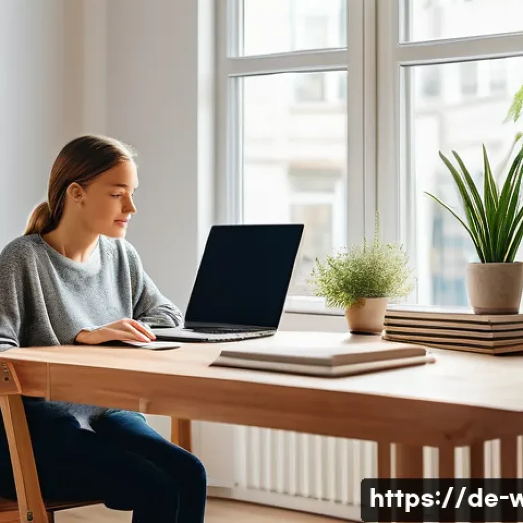 웰빙코디네이터 자격증 교재 추천 - A modern German home office setting with a young adult wellbeing coordinator studying at a sleek woo...