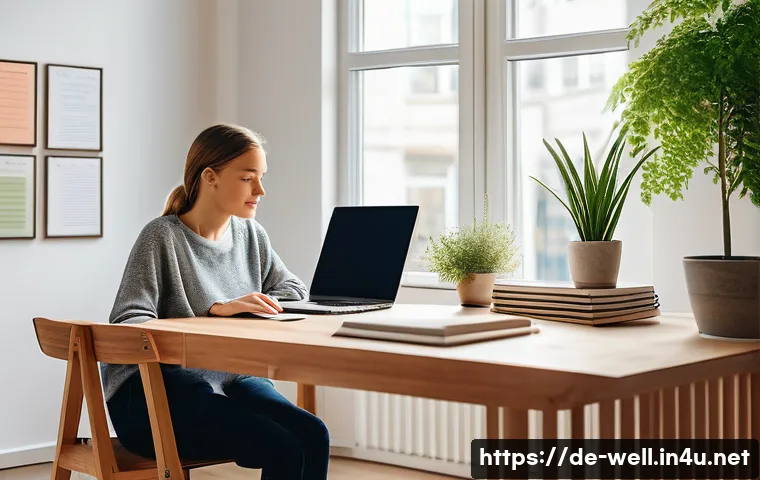 웰빙코디네이터 자격증 교재 추천 - A modern German home office setting with a young adult wellbeing coordinator studying at a sleek woo...