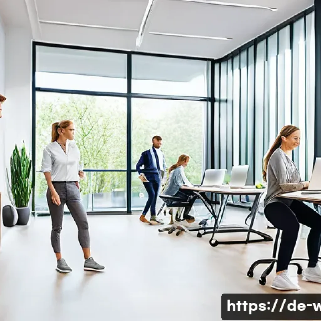 웰빙코디네이터와 건강 프로그램 설계 - A modern corporate wellness scene in a bright, spacious German office environment, showing a diverse...