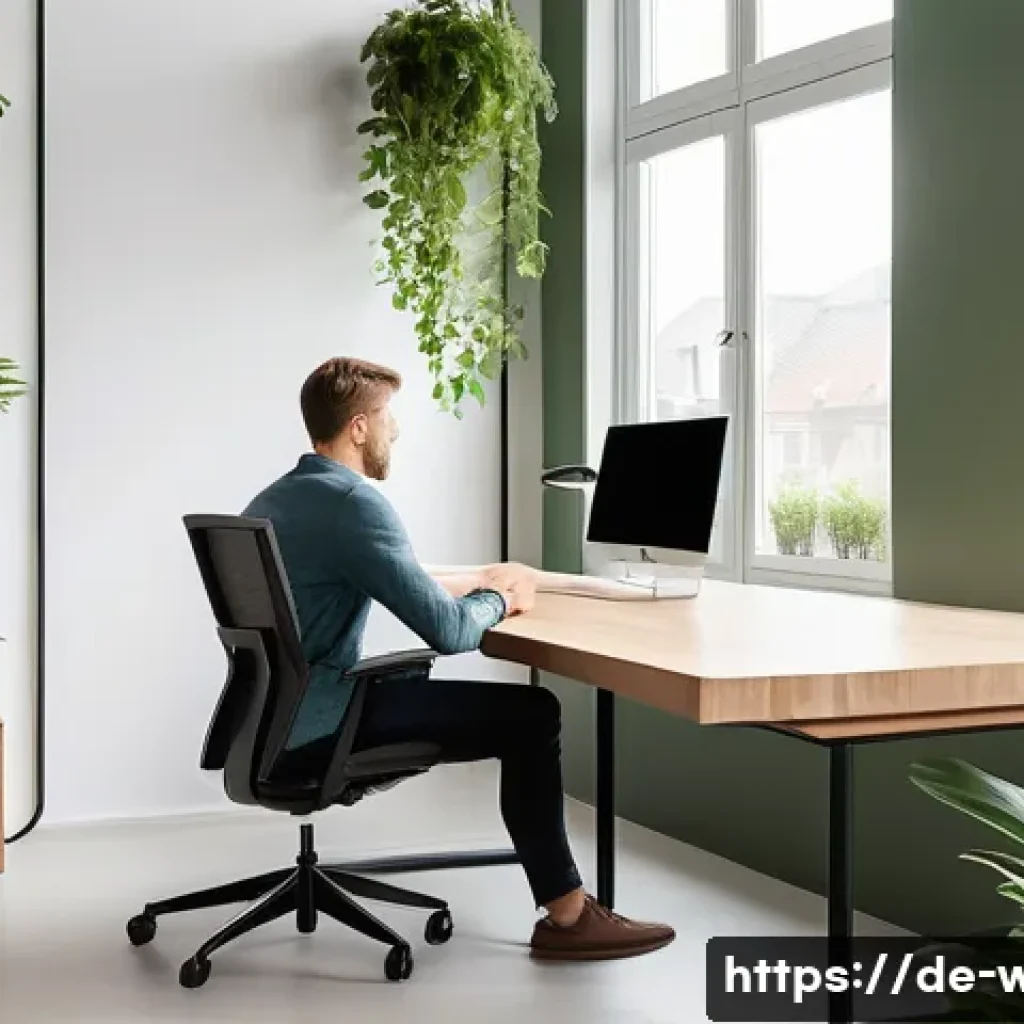 웰빙코디네이터와 환경 웰빙 - A modern German office interior bathed in natural daylight, featuring large windows with fresh air f...