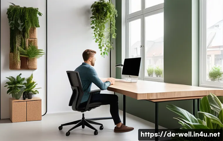 웰빙코디네이터와 환경 웰빙 - A modern German office interior bathed in natural daylight, featuring large windows with fresh air f...