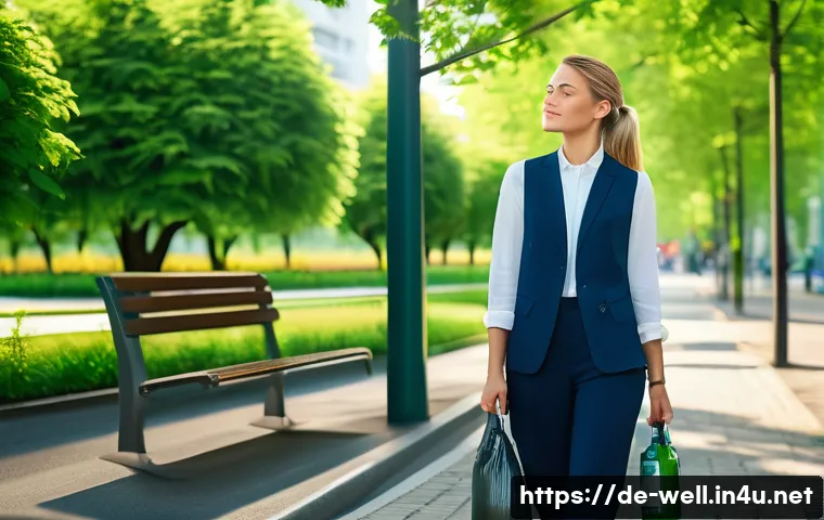 웰빙코디네이터 직무 스트레스 관리법 - A modern office scene featuring a young German Wellbeing Coordinator taking a mindful break by stepp...
