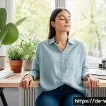 웰빙코디네이터와 스트레스 관리 - A serene, modern home office setting in a cozy apartment in Berlin, featuring a young professional p...