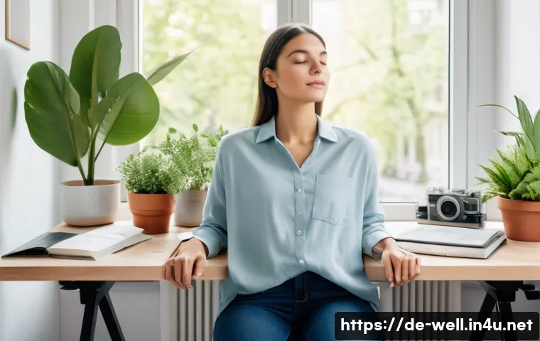 웰빙코디네이터와 스트레스 관리 - A serene, modern home office setting in a cozy apartment in Berlin, featuring a young professional p...