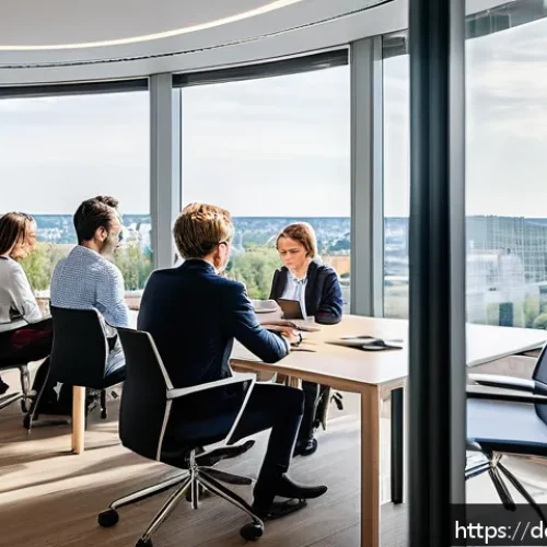 웰빙코디네이터와 고객 설문 설계 - A modern office scene in Germany featuring a diverse group of employees engaged in a wellbeing surve...