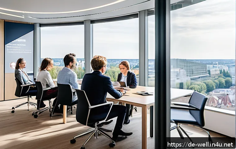 웰빙코디네이터와 고객 설문 설계 - A modern office scene in Germany featuring a diverse group of employees engaged in a wellbeing surve...