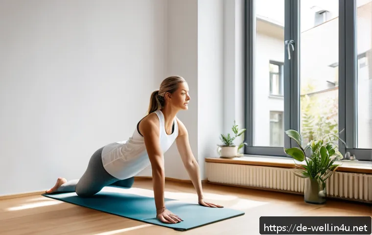 웰빙코디네이터와 건강 목표 달성 비법 - A serene morning scene in a modern German apartment featuring a young adult woman performing gentle ...