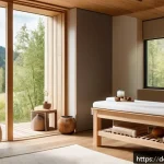 웰빙코디네이터로 성공한 사례 분석 - A serene modern wellness spa room in Germany featuring sustainable design elements: natural wood and...