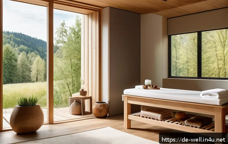 웰빙코디네이터로 성공한 사례 분석 - A serene modern wellness spa room in Germany featuring sustainable design elements: natural wood and...