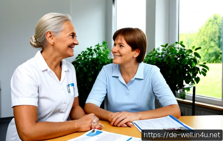 웰빙코디네이터와 공공 건강 프로그램 - Photorealistic wellness coordinator in a bright German community health center, warmly consulting wi...